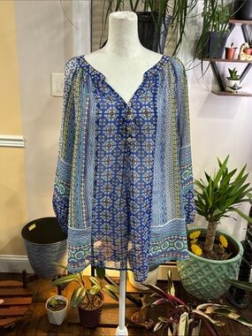 Roz & Ali Boho Blue Floral Peasant Top size XL